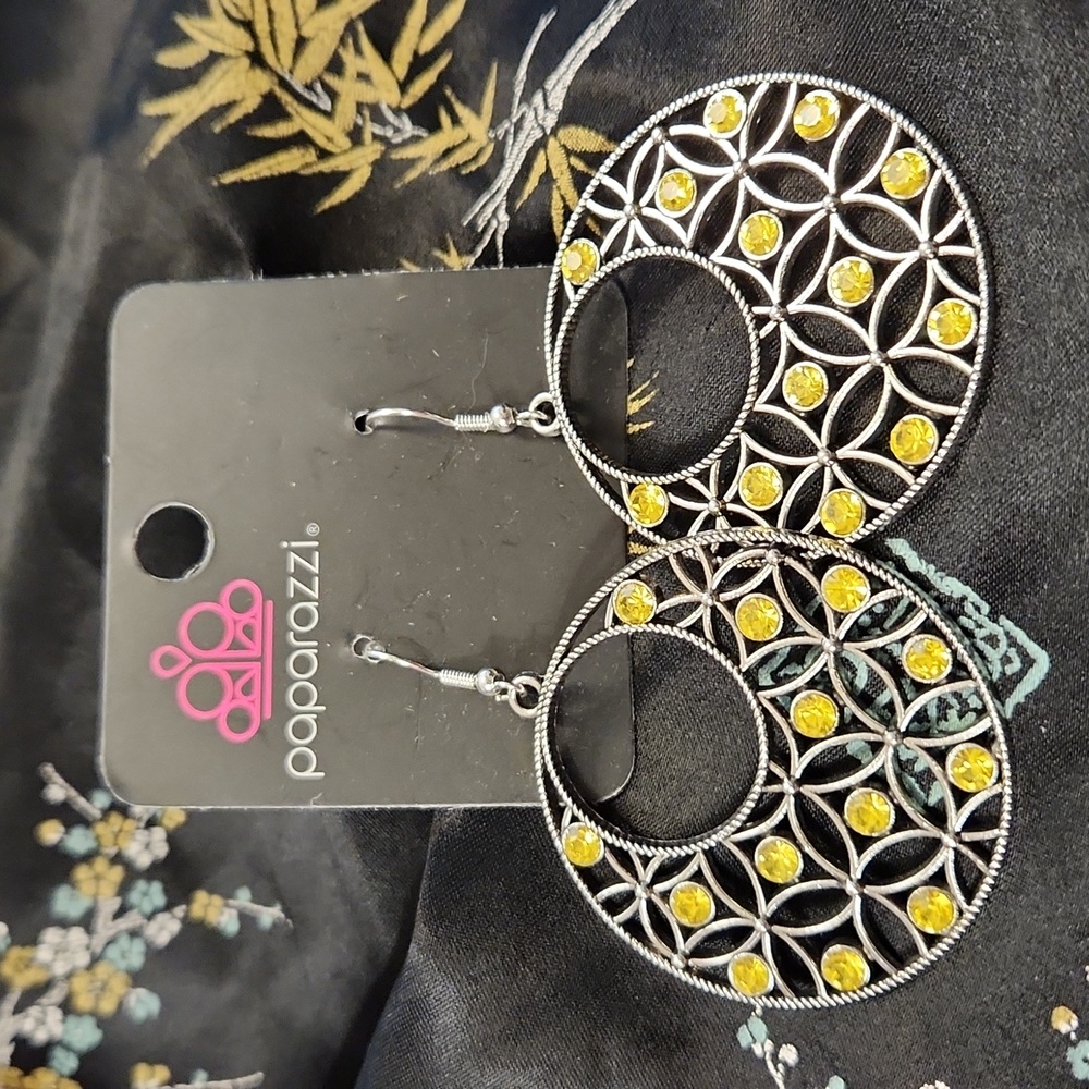 Paparazzi Silver & Yellow Rhinestone Earrings